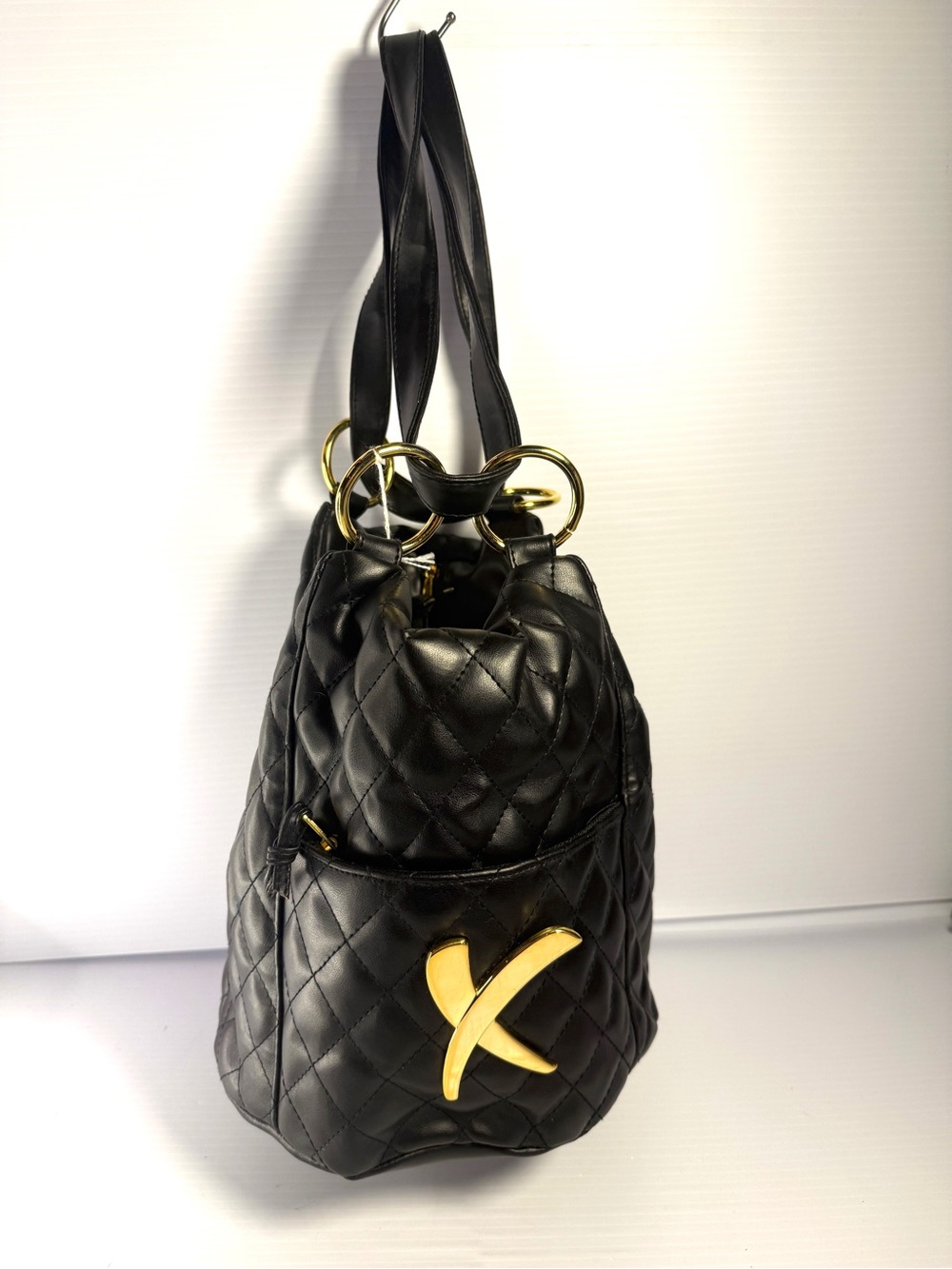 Source Unknown Black Quilted Shoulder Bag with Gold Hardware